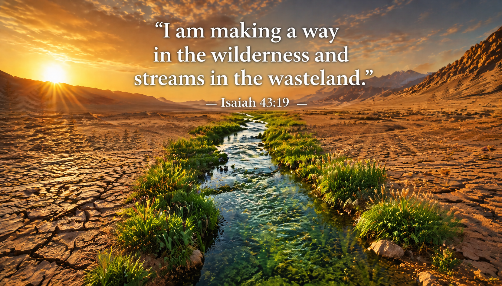Green stream cutting through dry cracked desert landscape lush plants along banks sunrise golden light -- Isaiah 43:19 streams wasteland wallpaper